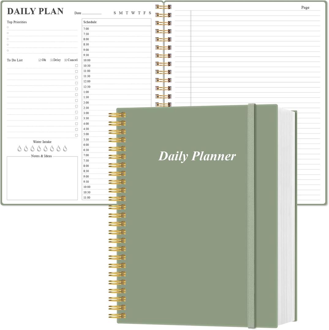 Daily Planner Undated - A4 To Do List Notebook Hourly Schedules, Spiral Appointment Planner for Women and Men,PVC Hardcover, Inner Pocket, Elastic Closure, 8.5" x 11", Green