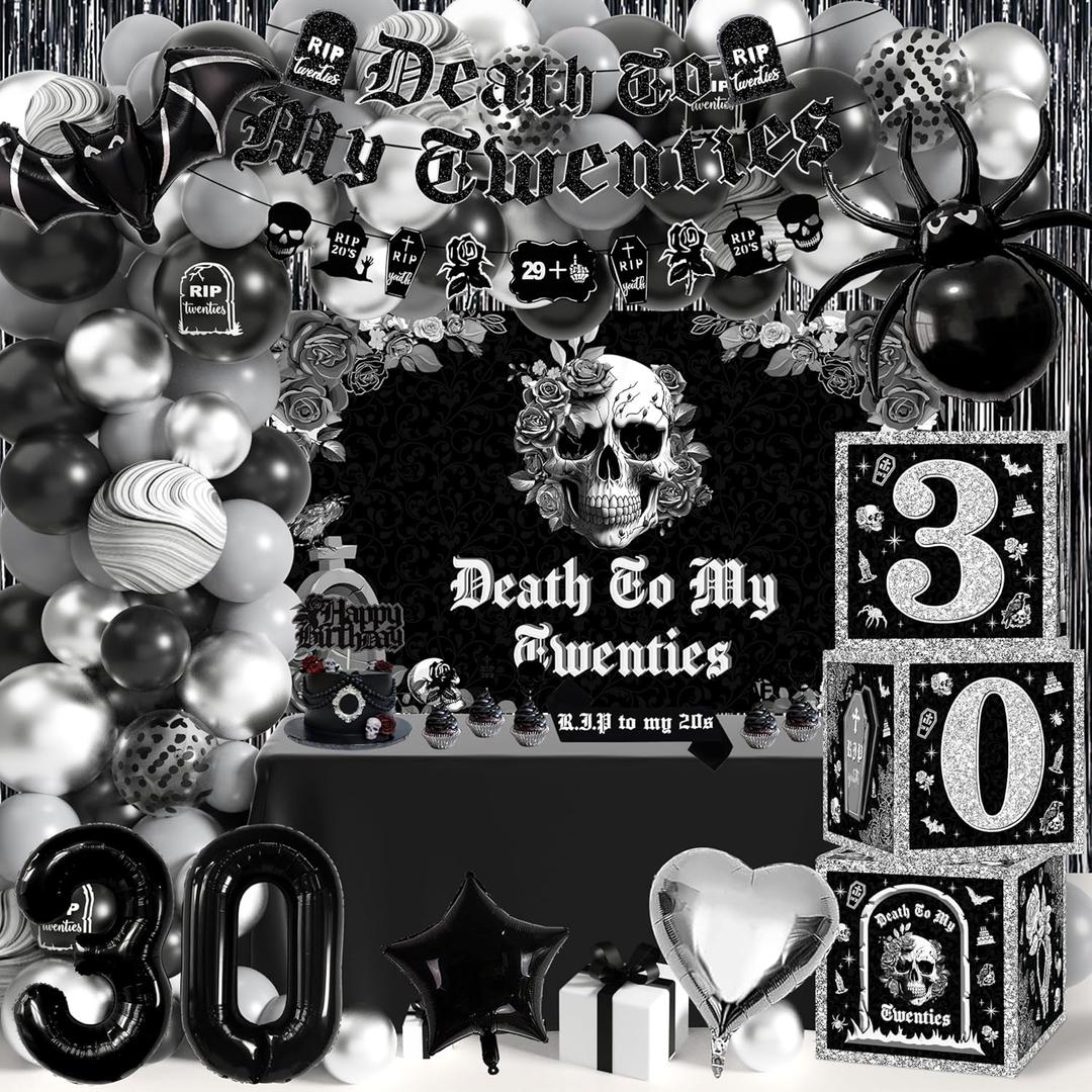 30th Birthday Party Decorations Pack, Death to My 20s Rip 30th Birthday Supplies Including 30th Balloon Boxes Banner Backdrop Tablecloth Rip to My 20s Sash for Funeral Youth Dirty Thirty Party Decor