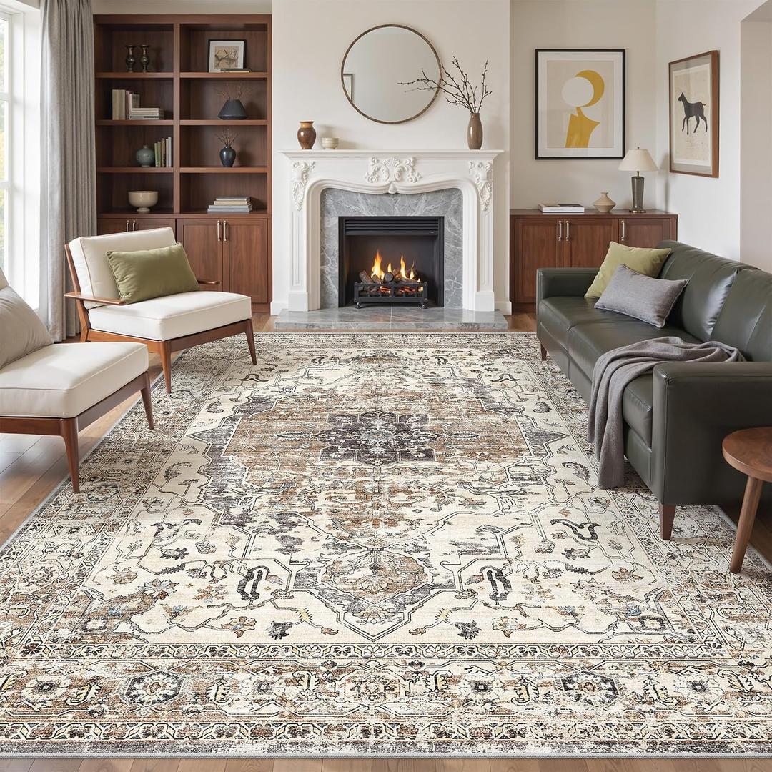 befbee 8x10 Area Rugs for Living Room, Stain Resistant Neutral Washable Rugs for Dining Room, Floral Vintage Non-Slip Thin Large Size Area Rug (Brown/Grey)
