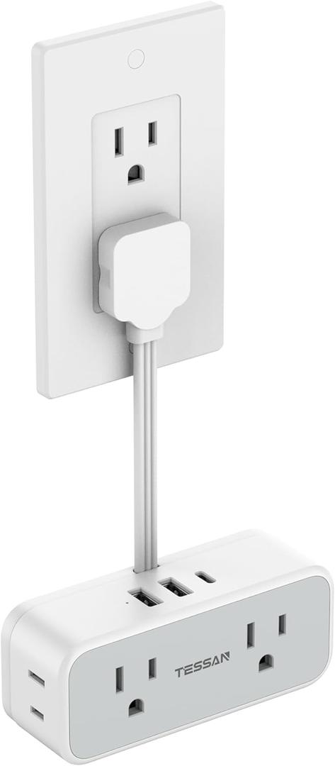 Multi Plug Wall Outlet Extender, TESSAN Short Extension Cord 6 inch, Flat Plug Splitter with 4 AC 3 USB (1 USB C) Charging Ports, Multiple Outlet Small Power Strip for Home Office Dorm Room (Grey)
