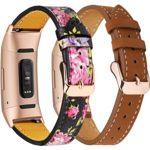 Leather Bands Compatible with Fitbit Charge 4/Charge 3, Replacement Accessories Wristband Straps for Women Men, Floral+ Frosted Brown (Standard(5.5"-8.0"))