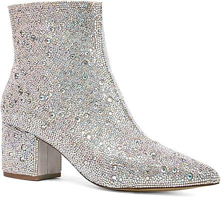 Womens Rhinestone Ankle Boots Sparkly Chunky Block Heels Pointed Toe Side Zipper Booties
, 8.5