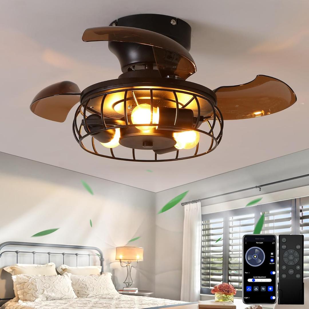 21.6'' Retractable Ceiling Fans with Lights Caged Farmhouse Ceiling Fan Lights with Remote Control and APP, Rustic Industrial Ceiling lamp Black Fixture for Living Room Bedroom Kitchen, A