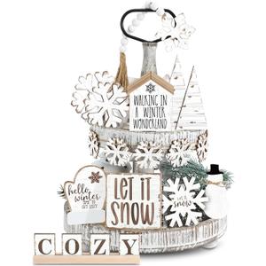 19 Pcs Winter Tiered Tray Decor Snowflakes Wood Rustic Decoration Tiered Sign Table Centerpieces Without Tray for Tabletop Shelf Winter Xmas Home Party Gifts(Rustic)