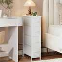 Somdot Narrow Dresser with 4 Drawers, Slim Storage Organizer Chest of Drawers with Removable Fabric Drawers for Small Spaces Bathroom Closet Bedroom Laundry, White Leather, 18.9"D x 7.9"W x 29.5"H