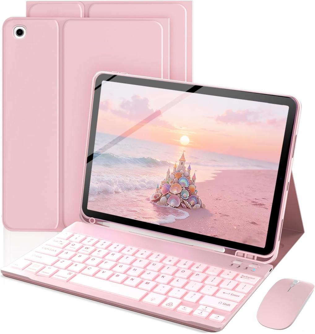 Keyboard Case for iPad mini 5th Generation 2019 / mini 4th Generation 2015 7.9 inch, Mouse and Detachable Keyboard, Adjustable Stand Built in Pencil Holder, Auto-Sleep/Wake Feature, Pink