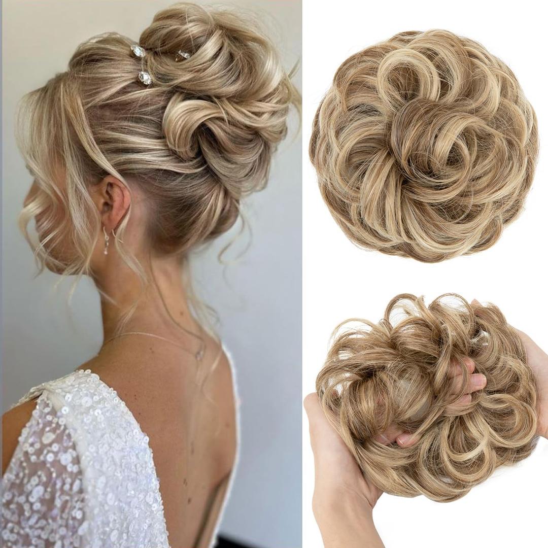 2 x CJL HAIR Large Messy Bun Hair Piece Wavy Curly Scrunchies Synthetic Chignon Ponytail Hair Extensions Thick Updo Hairpieces for Women Sand
