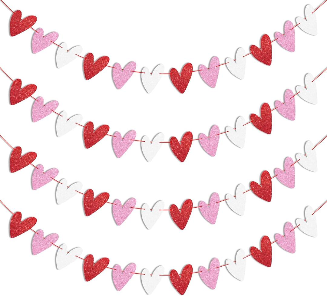 Tifeson 4 Pack Glitter Heart Garland Banner, NO DIY, Valentine's Day Decorations, Red Pink White Paper Heart Banner for Valentines Home Mantle Wall Table Wedding Engagement Anniversary Galentines Decor