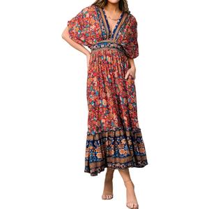 R.Vivimos Women's Summer Boho Floral Print Midi Dress Short Sleeve Deep V Neck Empire Waist Flowy Beach Dress with Pockets (XL, Blue)