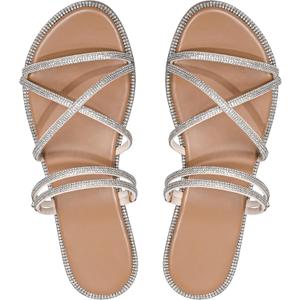 Women's Glitter Rhinestone Flat Criss Cross Strappy Open Toe Sandals Slip On Slippers (11, Beige)