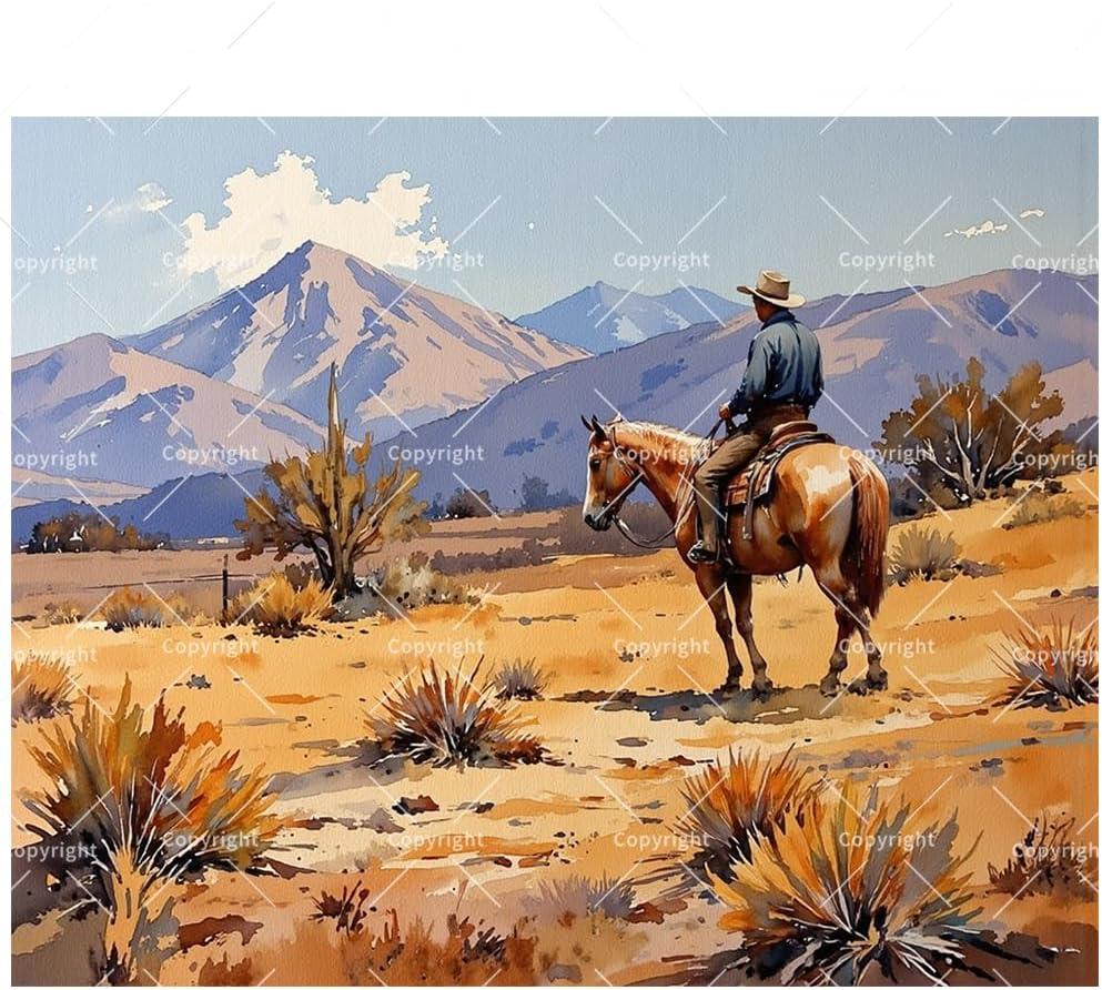 Ranch Landscape Paint by Numbers Kit for Adults - DIY Cowboy Looking Over Mountains Painting on Canvas, Acrylic Paint Set, Suitable for Beginners, Art for Home Decoration or Gifts(12X16IN Framed)