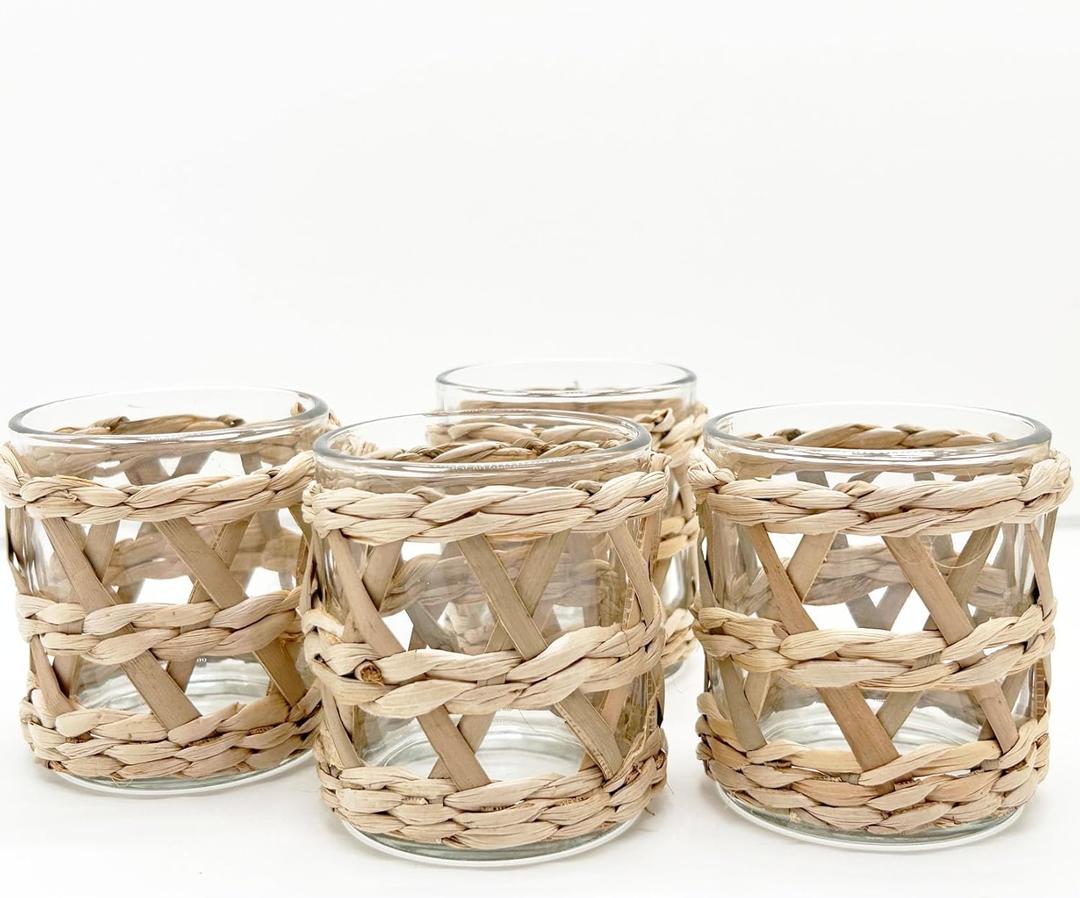 Pack 4 Woven Rattan Tealight Candle Holder Candle Lantern, Coastal Tropical Boho Glass Tea Light Holder Votive Candle Holders, Natural Seagrass Hand Woven Votive Candle Holder (Brown)