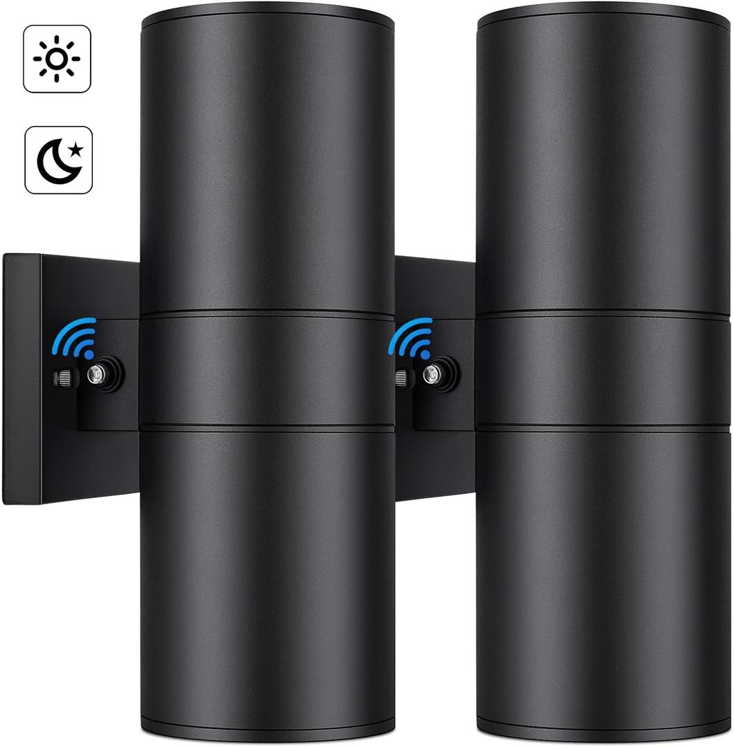 Modern Outdoor Wall Light with Dusk to Dawn Sensor, Exterior Light Fixture Wall Mount Waterproof Anti-Rust Cylinder, Up and Down 2 Lights Black Sconces for Porch Patio House Outside Entryway, 2-Pack
