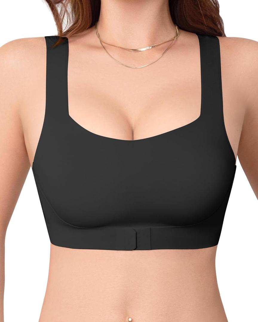 Womens Seamless T-Shirt Bra Soft Bralette Pullover Front Closure (Black, XL)