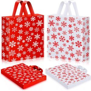 Zhanmai 200 Pcs Christmas Plastic Shopping Bags 10 x 13 mas Reusable Gift Bags with Red and White Snowflake Patterns for Christmas Party Supplies