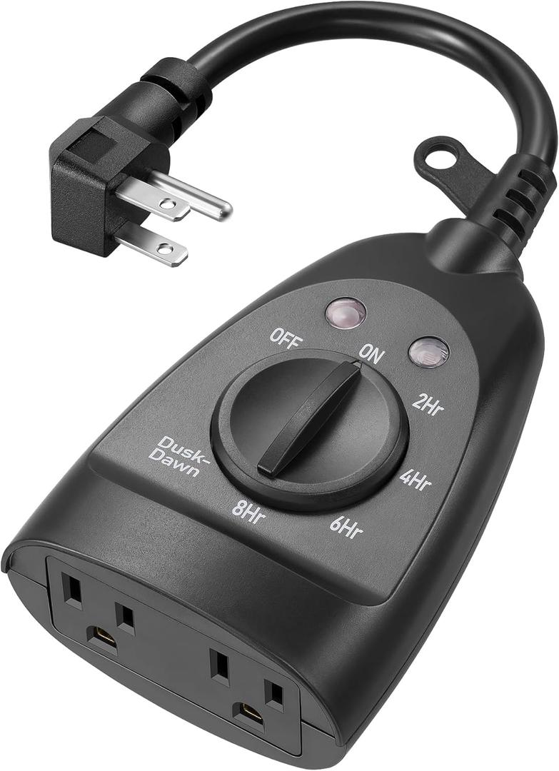 DEWENWILS Outdoor Timer Outlet Waterproof, Heavy Duty Outdoor Light Timer with Dusk to Dawn Sensor, 2 Grounded Outlets, 15A 125V 60Hz, Waterproof for String Lights, ETL Listed
