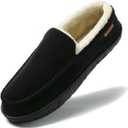 NewDenBer Men's Moccasin Slippers Warm Memory Foam Suede Soft Plush Lined Slip on Indoor Outdoor House Shoes (Black)