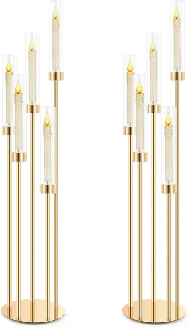 Gold Floor Candelabra, 2 Pack 5-Arm Candle Holders with Acrylic Shades