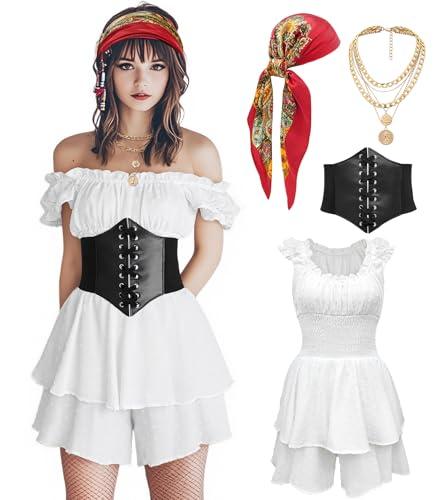 minkasic Womens Pirate Costume Dress Pirate Costumes Outfit for Women with Headscarf Corset Accessories 4PCS (Medium)