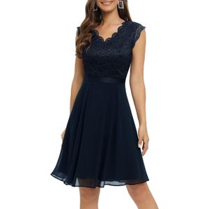 Dressystar Women's Formal Dresses V Neck Lace Wedding Guest Dress Sleeveless Bridesmaid Cocktail Dress 2050 Navy M