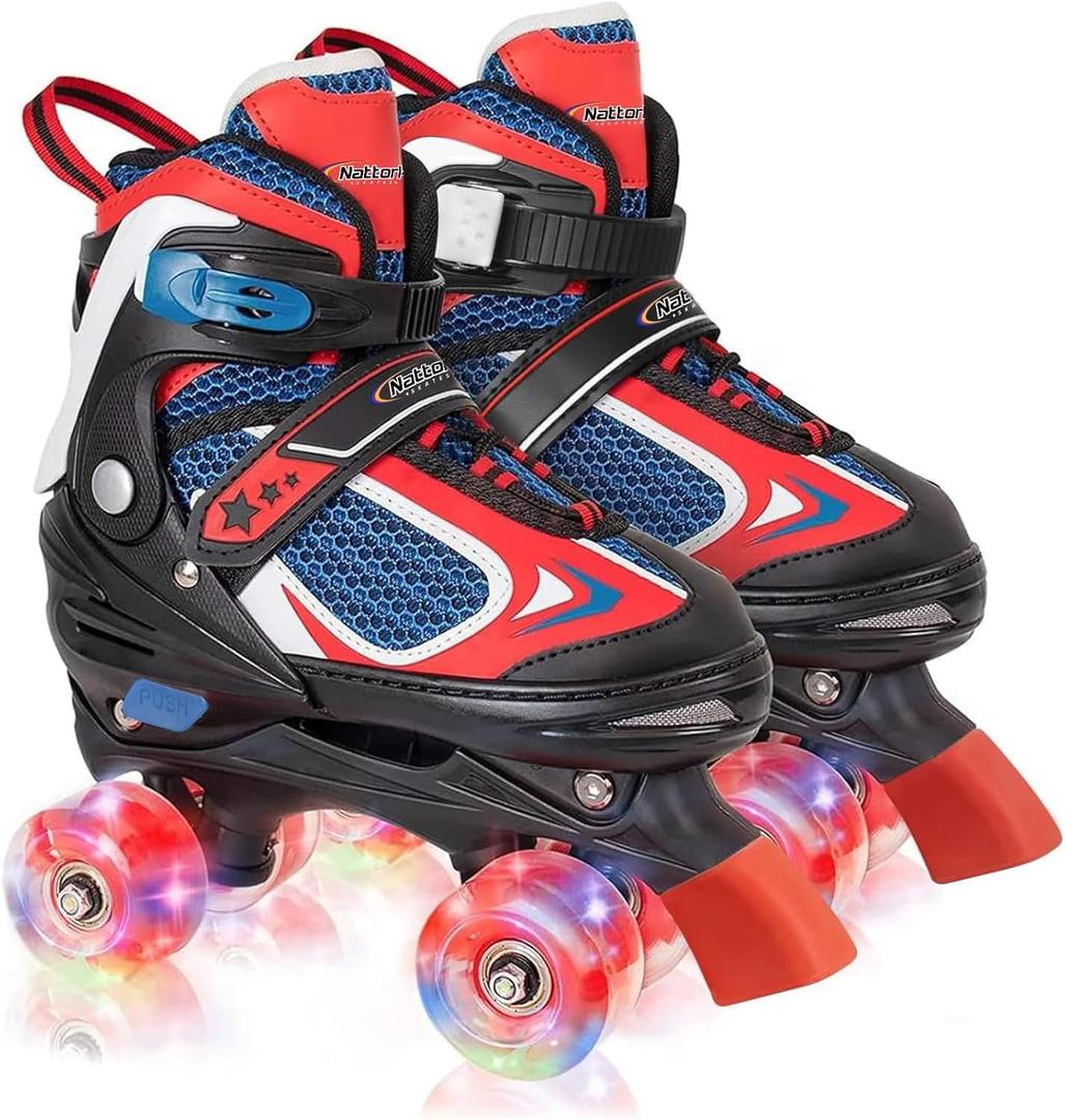 Nattork Kids Roller Skates for Boys Girls Kids, 4 Sizes Adjustable Quad Skates with All Light up Wheels - Birthday Gift for Indoor Outdoor Sports (Large(5-8), Red)