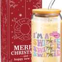 Christmas Glass Cup for TS Fans, 16 oz Glass Cup with Lid Straw & Cleaning Brush, Holiday Coffee Drinking Glass Tumbler for Women Girls, Singer Merch Party Supplies White Elephant Gifts (Swift)
