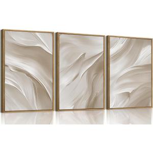 myusuar 3 Piece Large Abstract Framed Wall Art For Living Room, Smoke Texture Ink Beige White Canvas Wall Art Modern Minimalist Art Prints Wall Dcor For Bedroom Office 24x36in