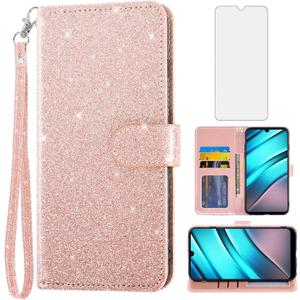 Asuwish Phone Case for Tracfone BLU View 4 B135DL with Tempered Glass Screen Protector and Cell Accessories Card Holder Slot Kickstand Flip Glitter Wallet Blue View 2 2023 View4 135DL Women Men Pink