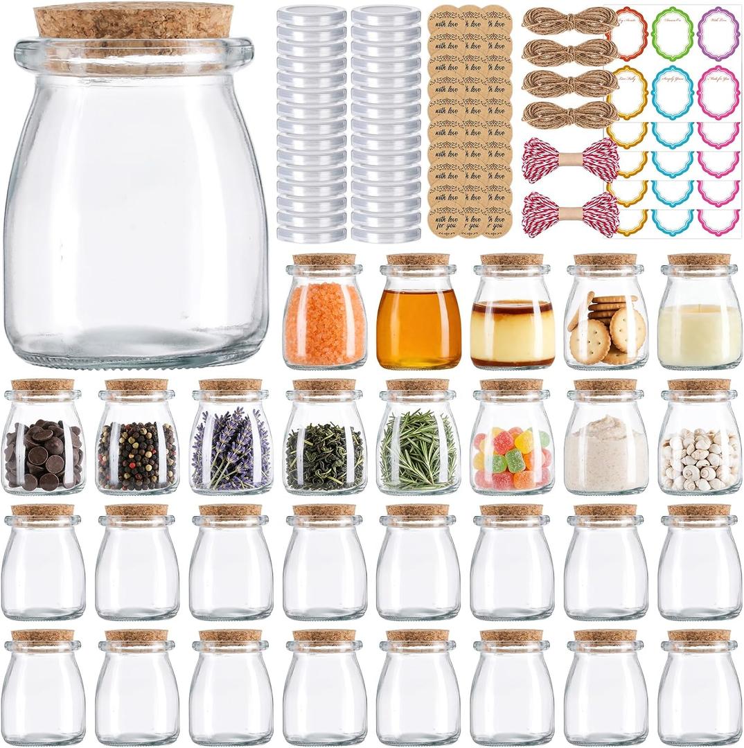 BIGIVACA 30 Pack 7oz Glass Jars with Cork Lids & PE Lids, Yogurt & Candle Jars for Making Candles, Small Mason Jars for Spices, Candy, Bath Salts, Wedding, Party & Baby Shower Favors