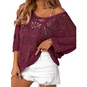 Saodimallsu Womens Crochet Cover Up Top Summer 3/4 Sleeve Off Shoulder Sweater Shirts Mesh Boho Beach Swimsuit Coverup (Red, L)