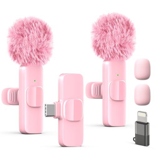 Wireless Lavalier Lapel Microphone for iPhone, iPad, mini Video Recording Mic for Interview Video Podcast Vlog YouTube & Livestream, Noise Reduction, Plug & Play (Pink Type C & Lightning Port)