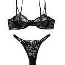 Lilosy Sexy Cute Underwire Push Up Strappy Heart Embroidered Mesh Sheer Lingerie Set for Women Bachelorette See Through Bra and Panty 2 Piece Black Medium