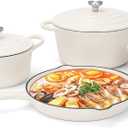 QuliMetal Nonstick Enameled Cast Iron Cookware Set, 7-Pcs Pots and Pans with Lid, Frying Pan Skillet, Sauce Pan, Healthy Round Dutch Oven Pot for Sourdough Bread Baking on All Stovetop, Cream White