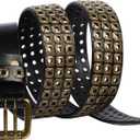 Punk Belt for Men Women Cowhide Leather Belts with 3 Grommet Retro Studded Metal Rivet Casual Belt for Rock Rap Jeans Dresses (30" to 36"Waist Adjustable, Black+bronze)