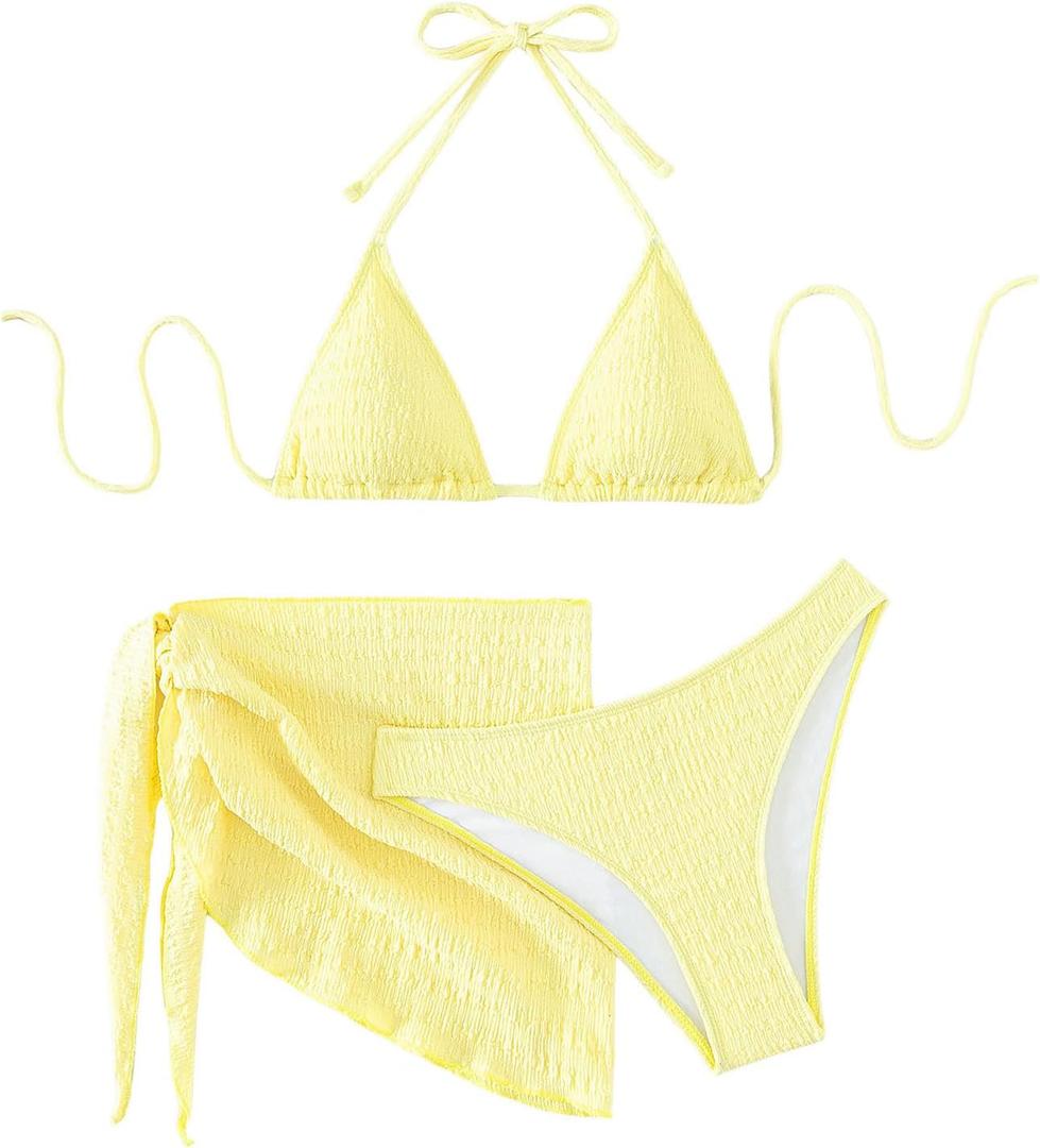 SHENHE Women's 3 Piece Textured High Cut Halter Triangle Bikini Swimsuit with Cover Up (Large, Yellow Plain)