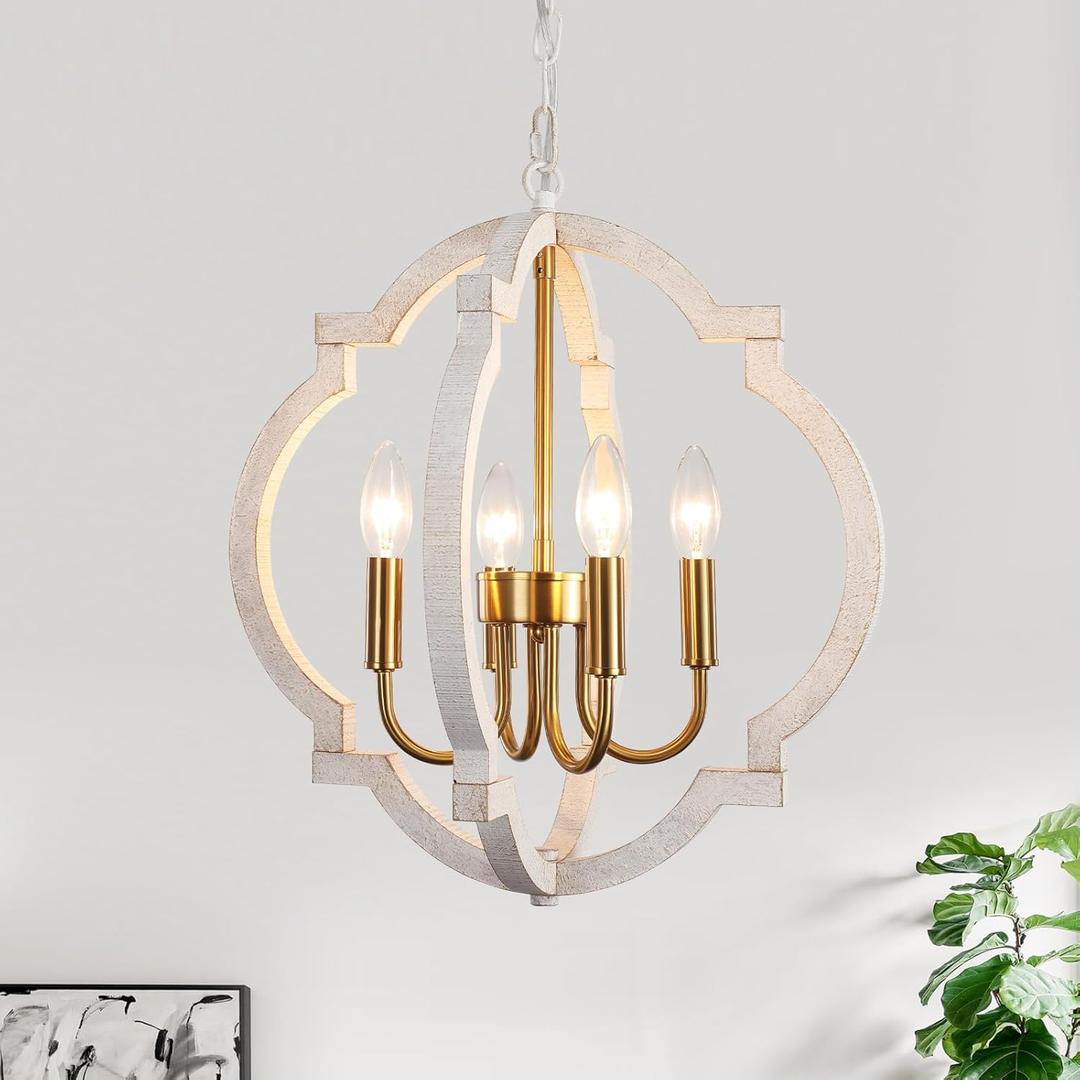 Rustic Farmhouse Chandelier 4 Light Vintage Orb Light Fixture Dining Room Candlestick Chandeliers Wood Pendant Lighting for Living Room Kitchen Bedroom Entrance Foyer Hallway