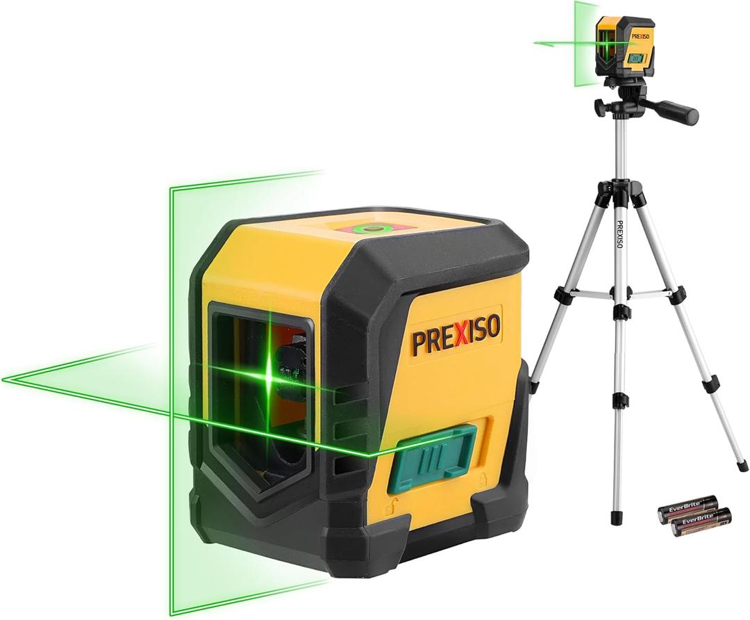 PREXISO Laser Level with Tripod, 65Ft Self Leveling Cross Line Laser Level, Green Line leveler Tool for Hanging Pictures, Home Renovation with LED Indicator & 2 AA Batteries (31-1/2 inch Tripod)