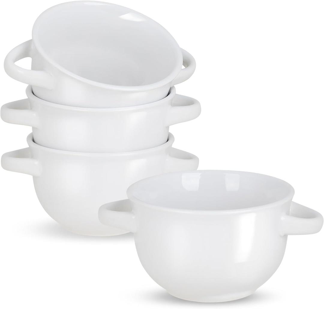 KooK Soup Bowls, French Onion Crocks, Oven Safe Dishware, Mugs, Ceramic Set, Dishwasher, Microwave, Set of 4, 18 oz (White)