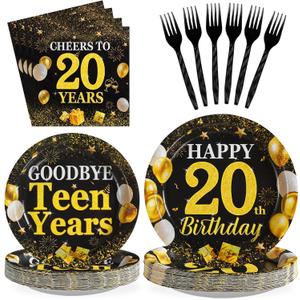 96Pcs Happy 20th Birthday Party Supplies Gold and Black Goodbye Teen Years Paper Plates and Napkins Cheers 20 Years Sets for 20 Year Old Teen Girls Graduation Theme Party Decoration Serves 24