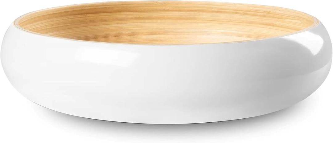 LEXA 12" Handmade White Bamboo Wooden Fruit Bowl for Kitchen Counter - 130 oz Lightweight Large Bamboo Wood Salad Bowl