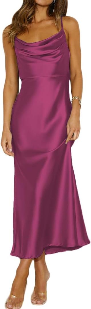 Summer Satin Spaghetti Strap Cowl Neck Backless Midi Dresses for Women Elegant Tie Low Back Ruched Cocktail Dress (Large, Fuchsia)