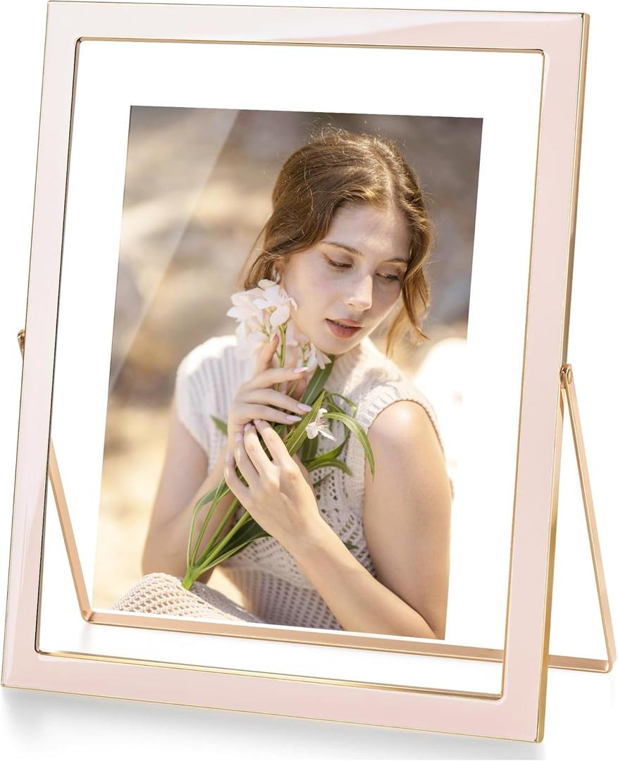 Axeman 8x10 Gold Floating Frame Pink Enamel Picture Frame with Metal Edge for 6x8, 5x7 up to 8x10 Photo Double Glass Floating Picture Frame for Desk Tabletop Shelf Vertical Display