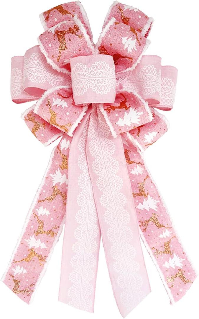 Christmas Tree Topper Bows, Handmade Bowknot with Christmas Tree and Reindeer, 21.3x11.1 Inches Large Size Xmas Decoration for Wedding Birthday New Year Party (Pink)