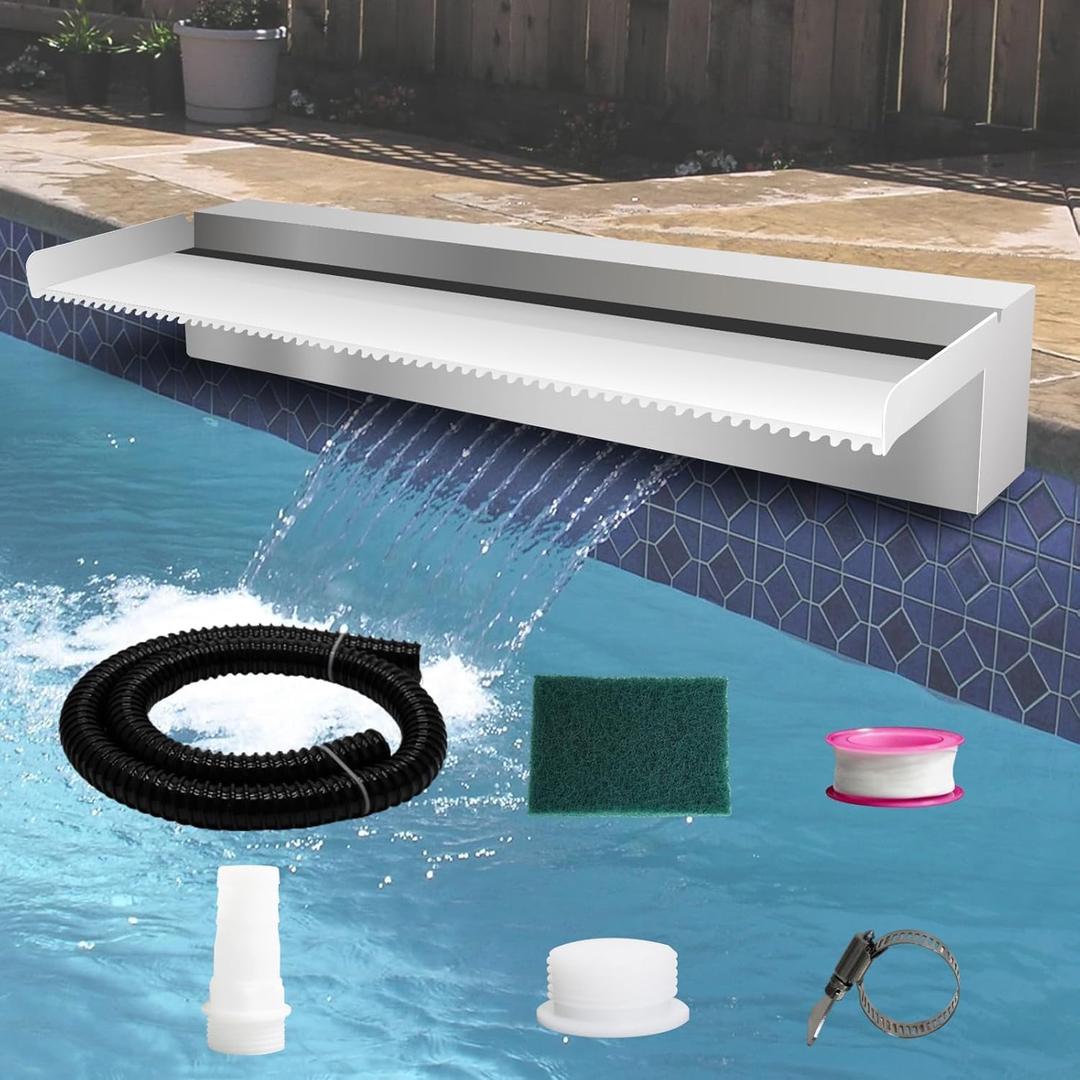 Pool Fountain Stainless Steel Pond Waterfall Spillway Kits for Indoor/Outdoor Decorative, 24 Inches Pool Water Feature for Garden Patio, Backyard Koi Pond Decor(No LED Light), Stainless Steel(no Light), 24"x8"x4"