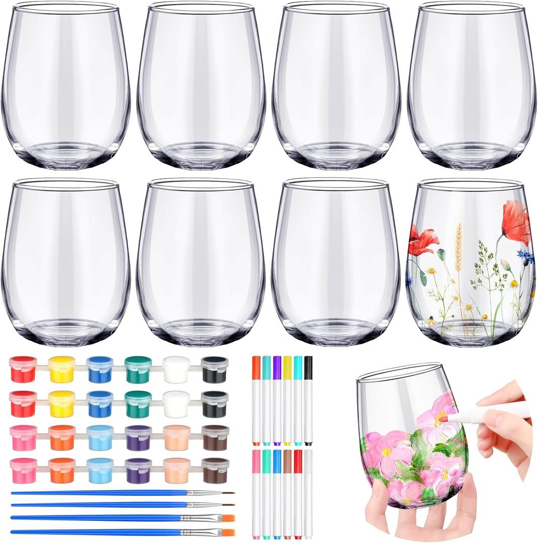 Pickmesh Paint Your Own Wine Glass Crafts Glass Painting DIY Markers Acrylic Paint with Brushes to Design Your Own Personalized Craft (8,Stemless), 16 ounces