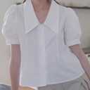 Women's Short Sleeve Button Down Shirt, Deep Collar Puff Sleeves Blouse, Pleated Waist Top for Casual & Office Wear (White, L)