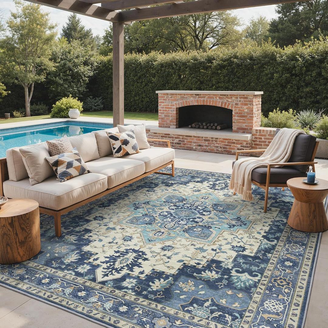GENIMO Outdoor & Indoor Area Rug 8'x10', Waterproof, Non-Shedding, Easy Cleaning, Boho Mat for Patio, Living Room, Balcony, Dining Room, RV, Deck, Bedroom, Camping, Outside Carpet,Center Blue