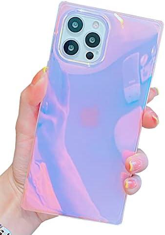 KERZZIL Cute Holographic Compatible with iPhone 14 Pro Rectangle Case (2022) 6.1-inch, Slim Colorful Glossy Soft TPU Silicone Protective Durable Cases Cover for Women Girls Blue Purple