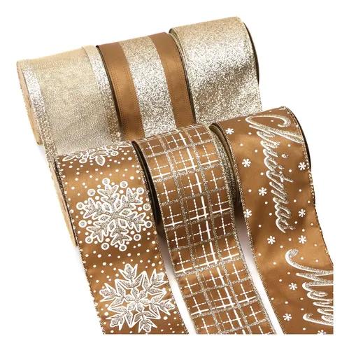 Ribbli Christmas Ribbon Wired Copper Brown with Champagne Glitter Christmas Tree Ribbons for Crafts Gift Wrapping Wreaths Garland Home Decor -2.5 Inch x 6 Rolls Total 36 Yard