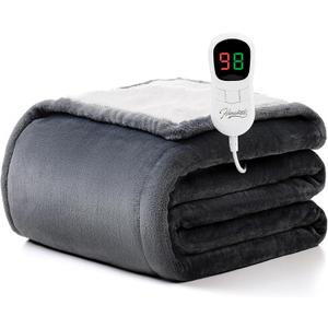 Homemate Heated Blanket Electric Throw - 50"x60" Heating Blanket Throw 1/2/4/6/8 Hours Auto-Off 10 Heat Level Over-Heat Protection Flannel Sherpa ETL Certification (01 - Light Grey)
